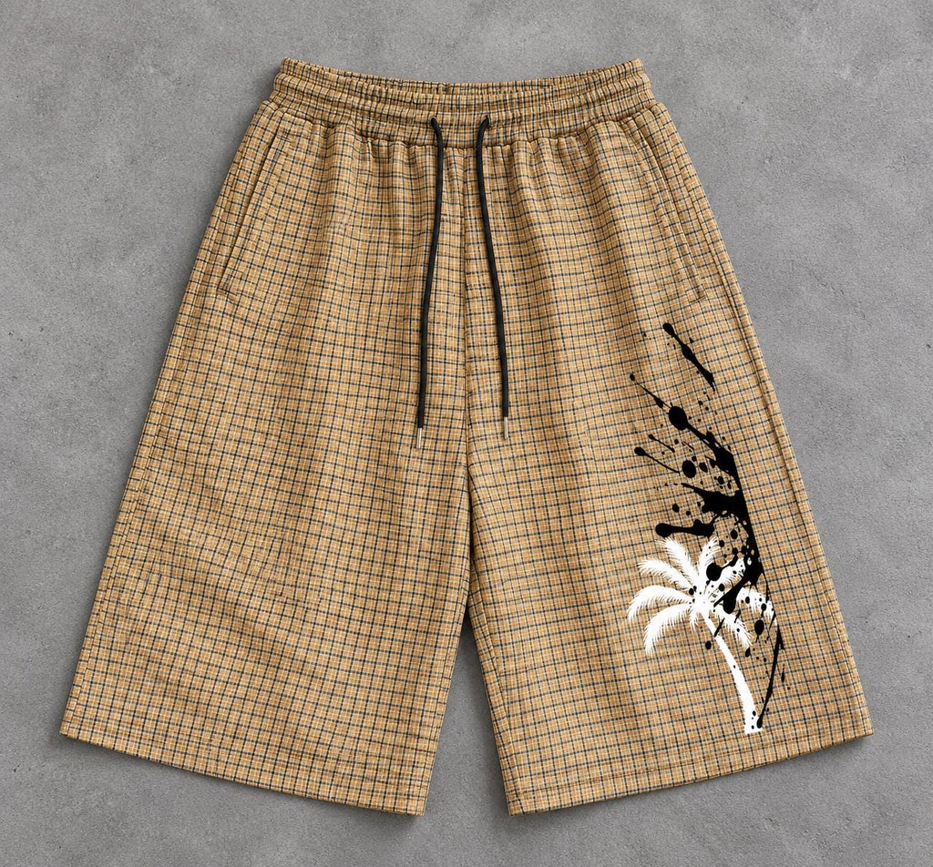 Tan Plaid Palm Tree Shorts, Paint Splash Graphics, Drawstring Bermuda Shorts