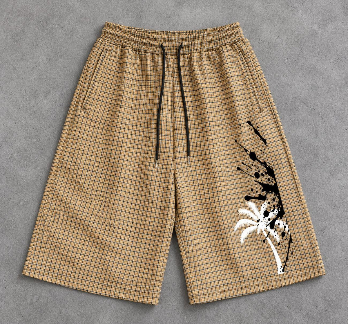 Tan Plaid Palm Tree Shorts, Paint Splash Graphics, Drawstring Bermuda Shorts
