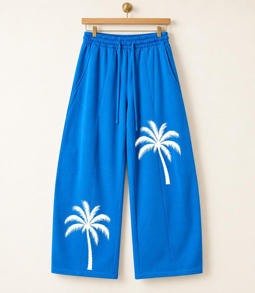 Blue Palm Tree Sweatpants, White Splatter Wide Leg Pants, God Is Good Graphic Streetwear