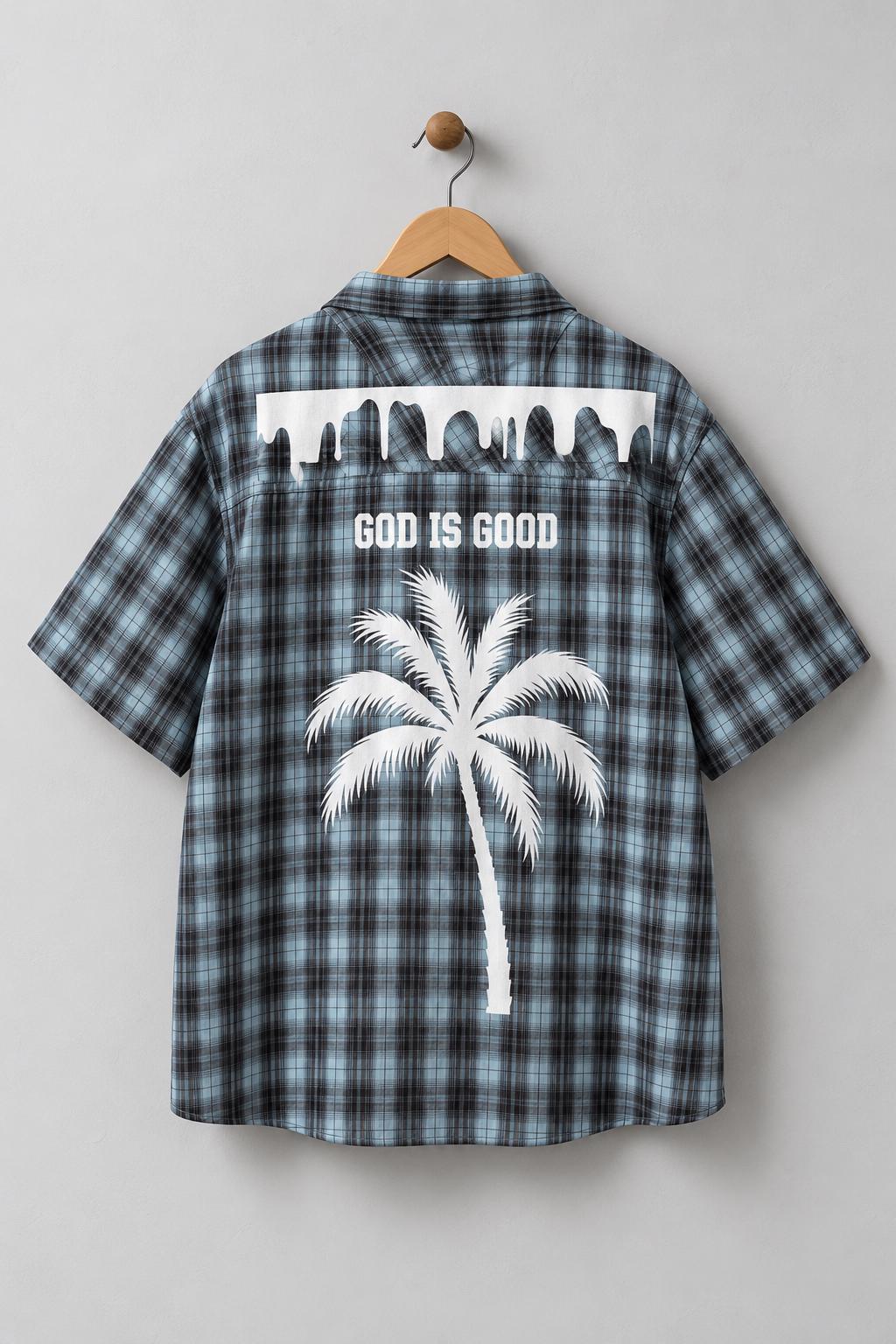 God Is Good Plaid Button-Up Shirt, Palm Tree Graphic, Oversized Streetwear