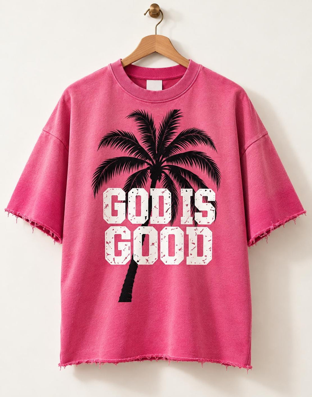 Pink Oversized Palm Tree T-Shirt, Washed Christian Streetwear, Frayed Hem Tee