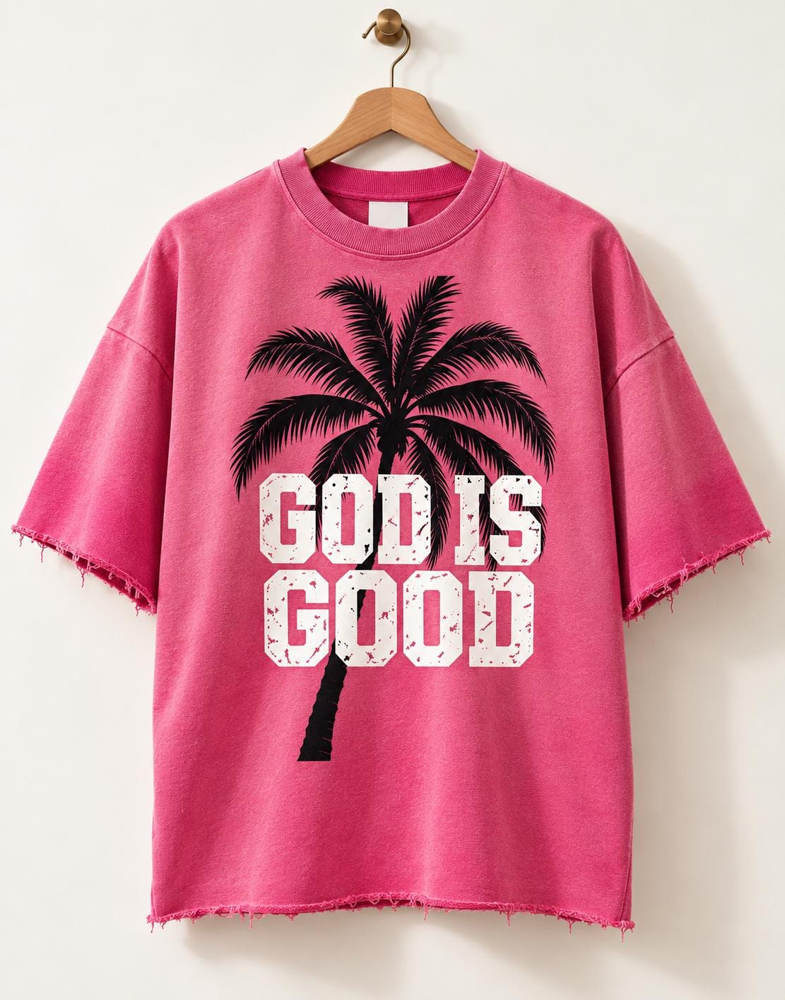 Pink Oversized Palm Tree T-Shirt, Washed Christian Streetwear, Frayed Hem Tee