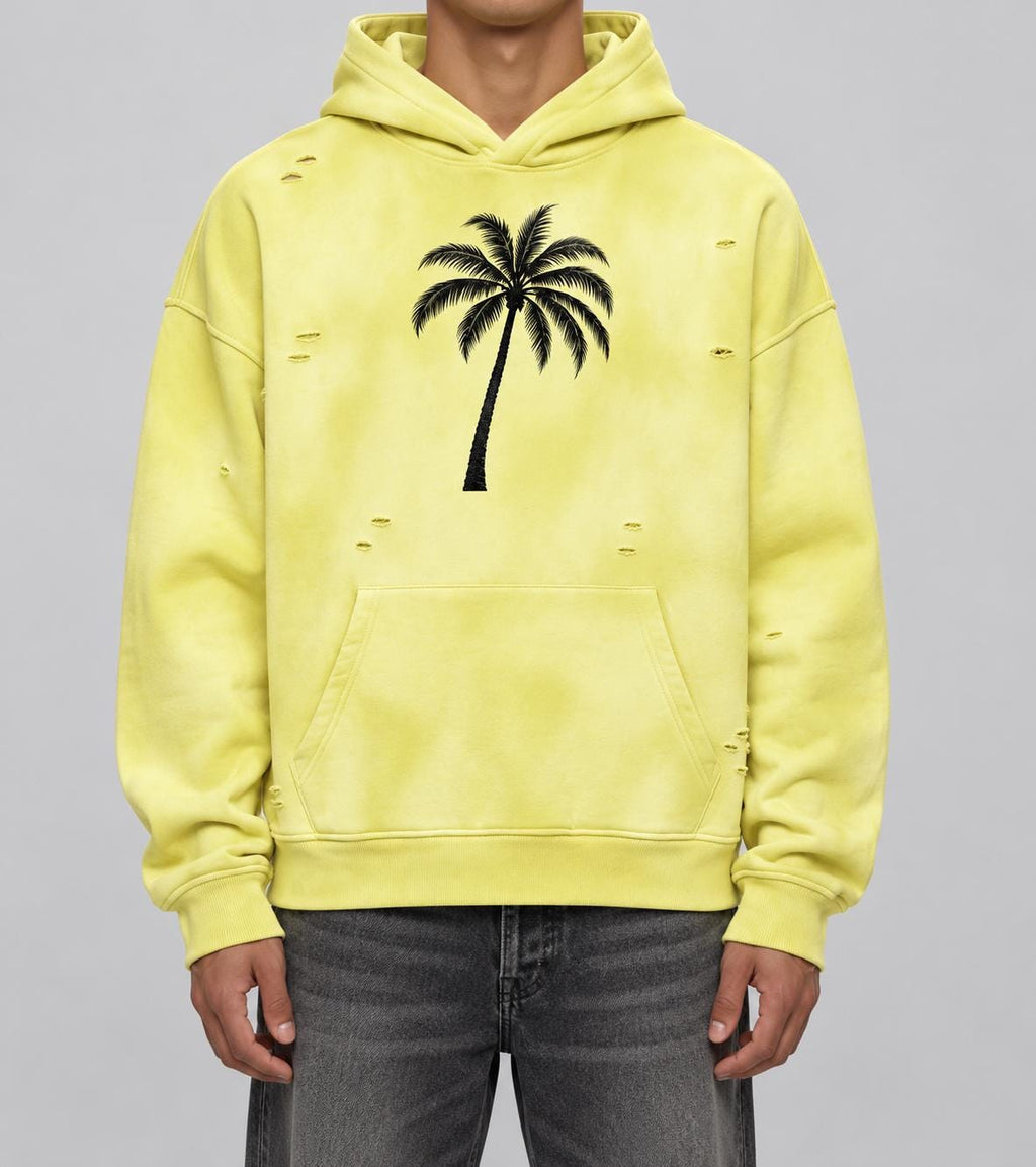 Yellow Distressed God Is Good Hoodie, Palm Tree Graphic Pullover, Oversized Christian Streetwear