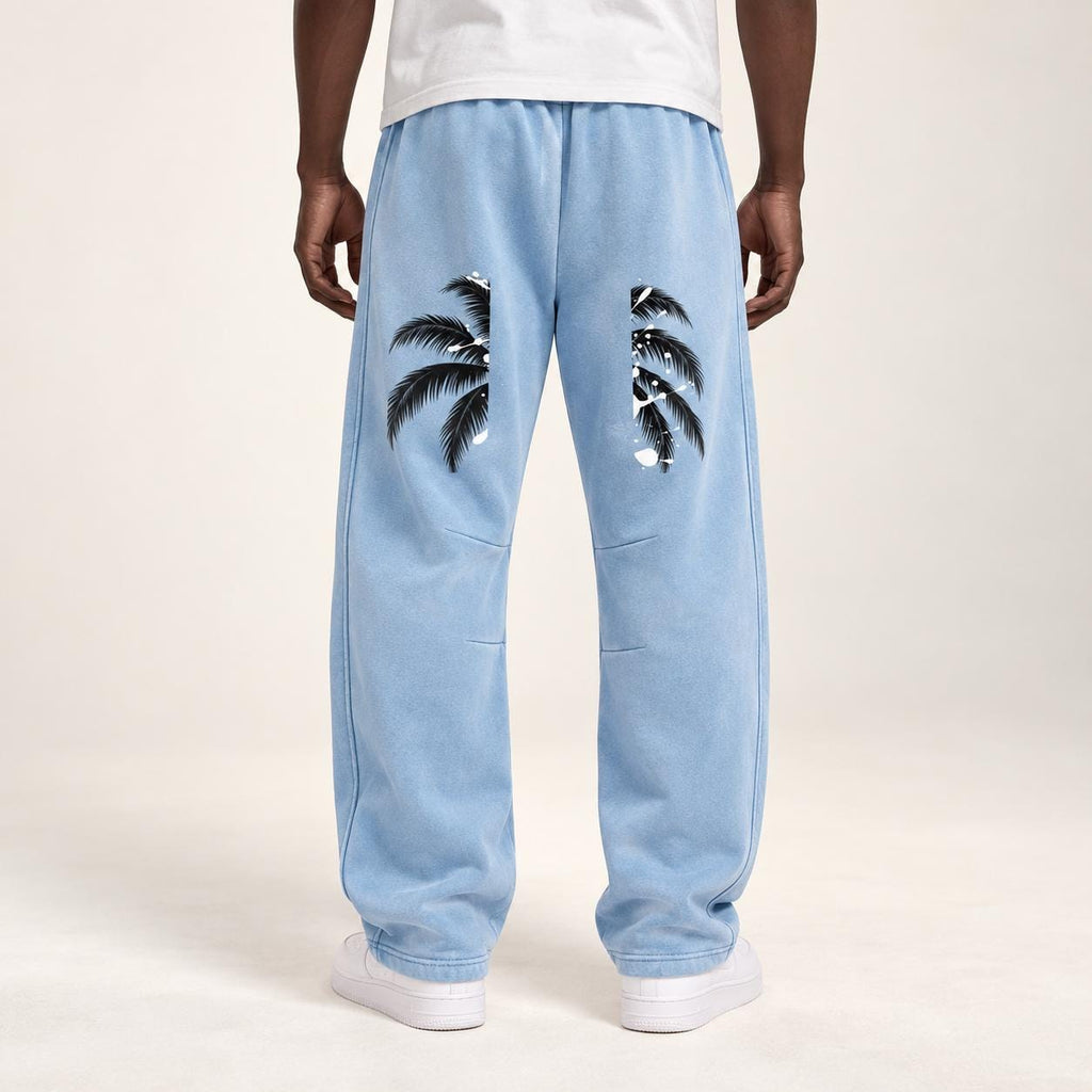 Men's Light Blue Palm Tree Sweatpants, Relaxed Straight Leg, Drawstring Waist