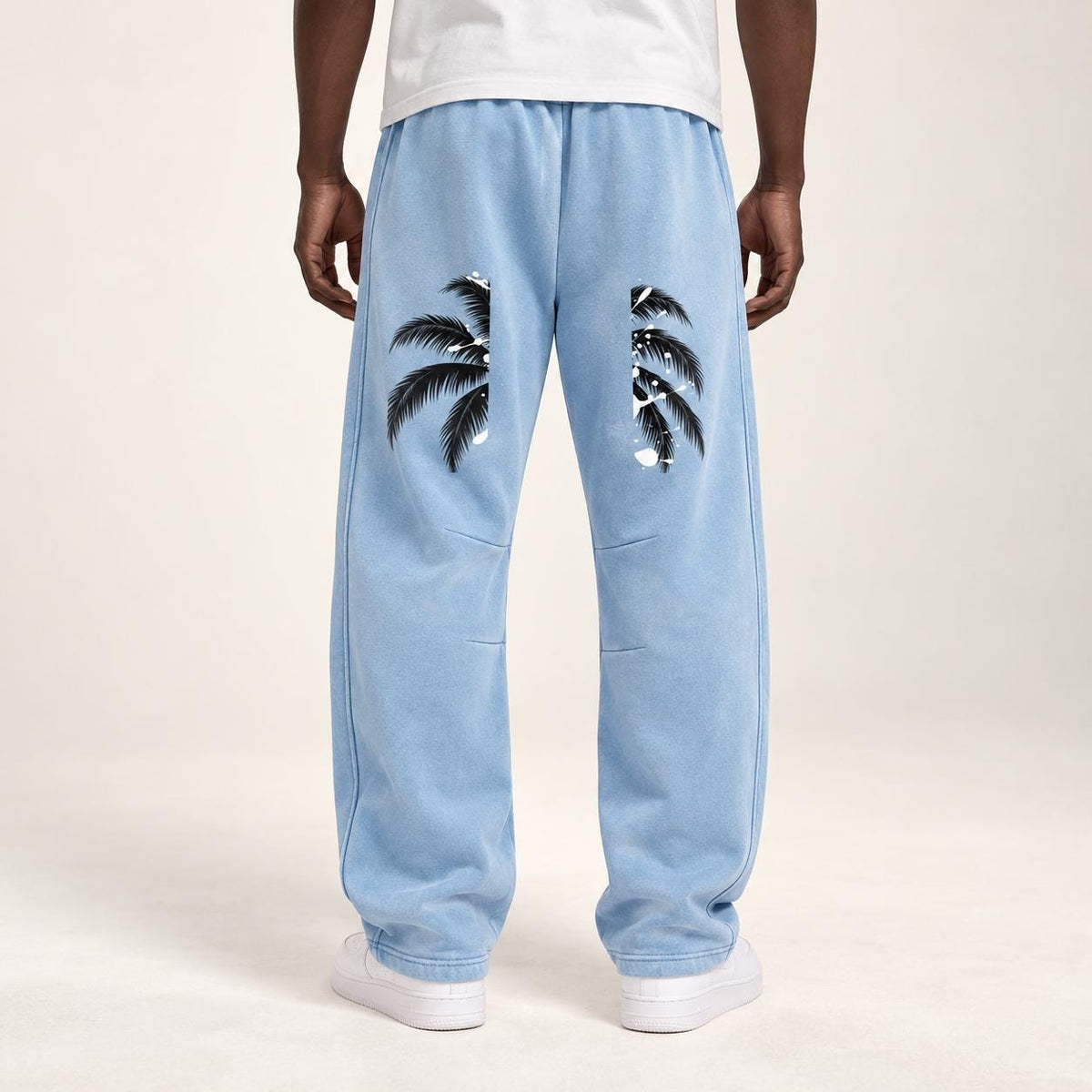 Men's Light Blue Palm Tree Sweatpants, Relaxed Straight Leg, Drawstring Waist