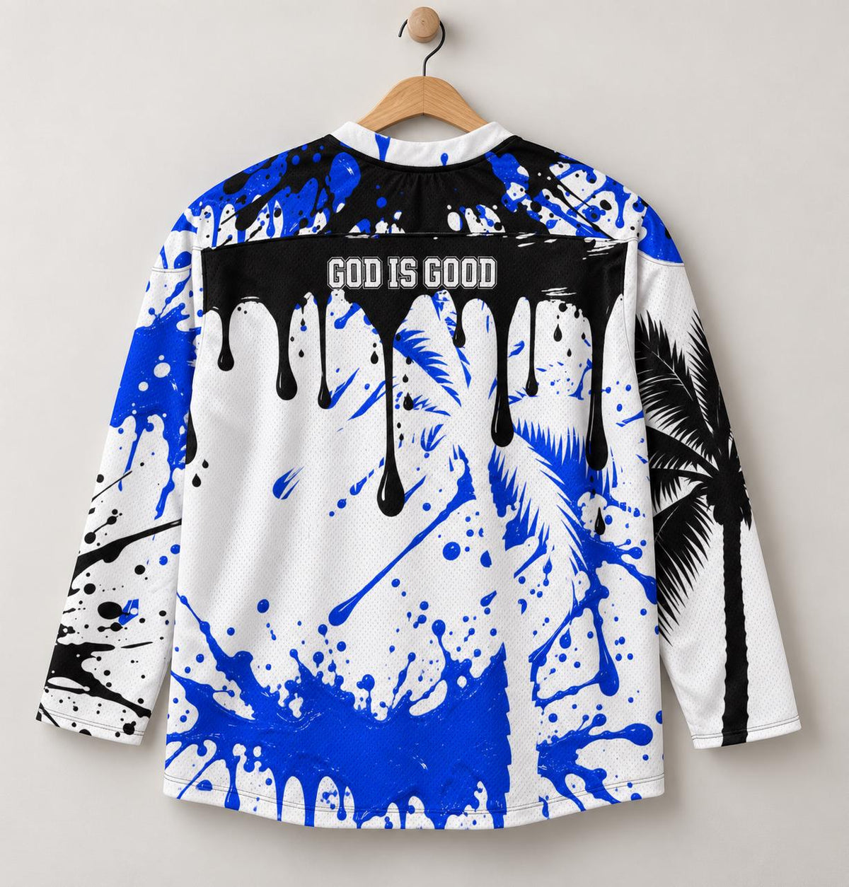 Limited Edition 88 Hockey Jersey, Royal Blue Paint Splatter, Palm Tree Graphic, God Is Good Shears