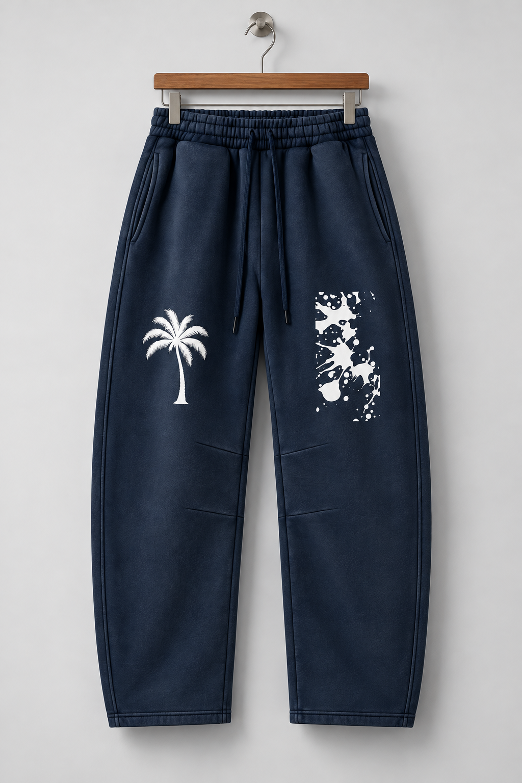 Navy Blue Palm Tree & Paint Splatter Relaxed Sweatpants