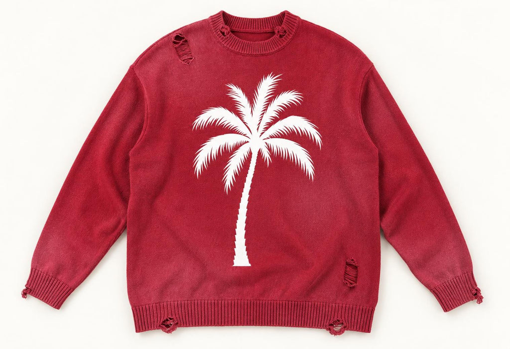 Red Distressed Knit Sweater, Palm Tree, Paint Splatter, Streetwear