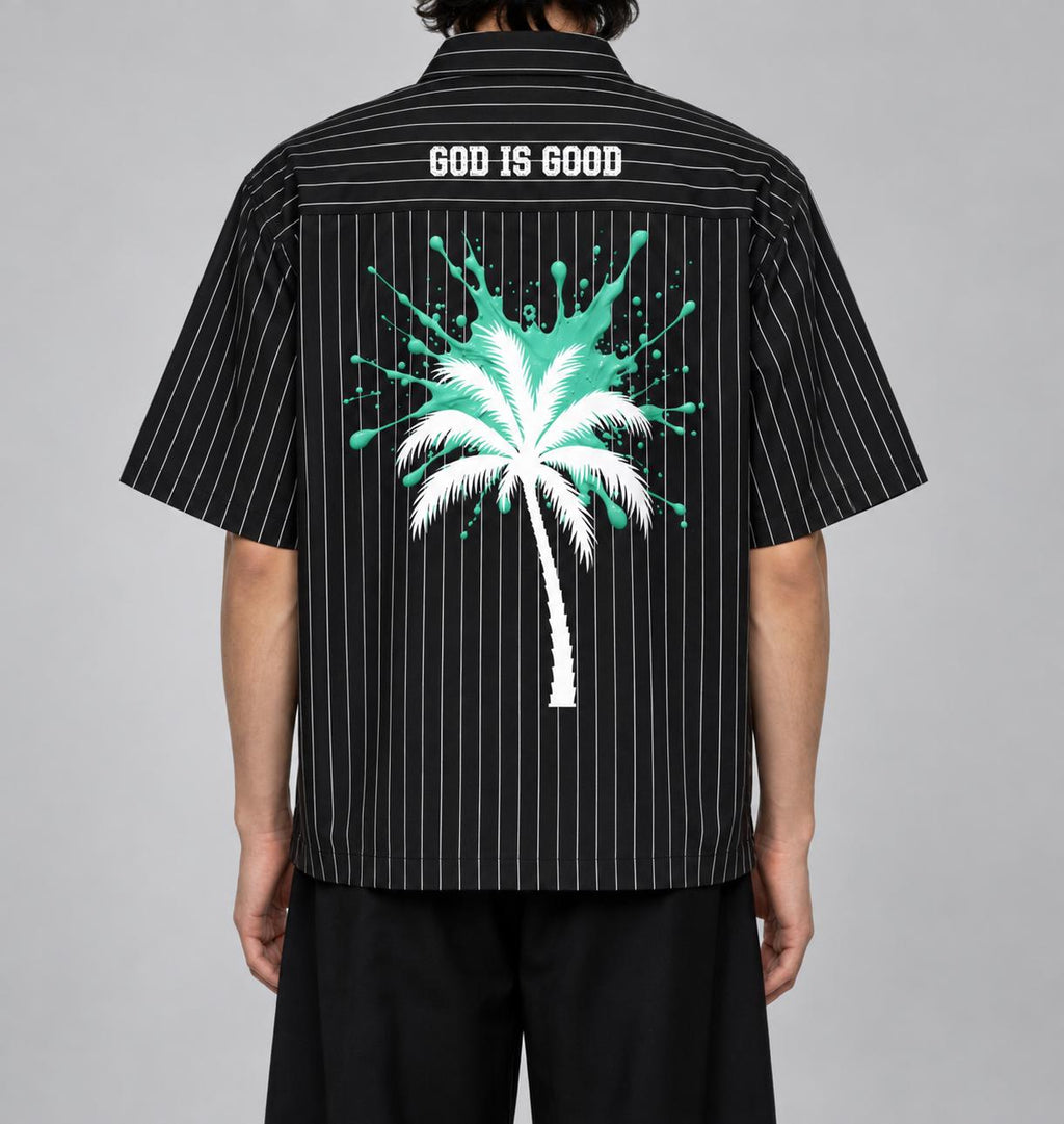 Oversized Pinstripe Button-Up Shirt, Palm Tree Graphic, Teal Splash Back Art