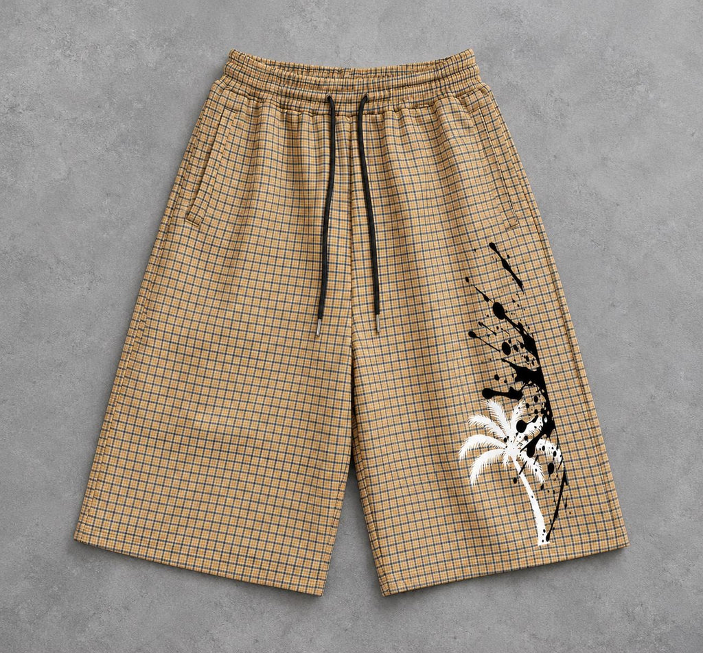 Tan Plaid Palm Tree Shorts, Paint Splash Graphics, Drawstring Bermuda Shorts