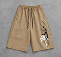 Tan Plaid Palm Tree Shorts, Paint Splash Graphics, Drawstring Bermuda Shorts