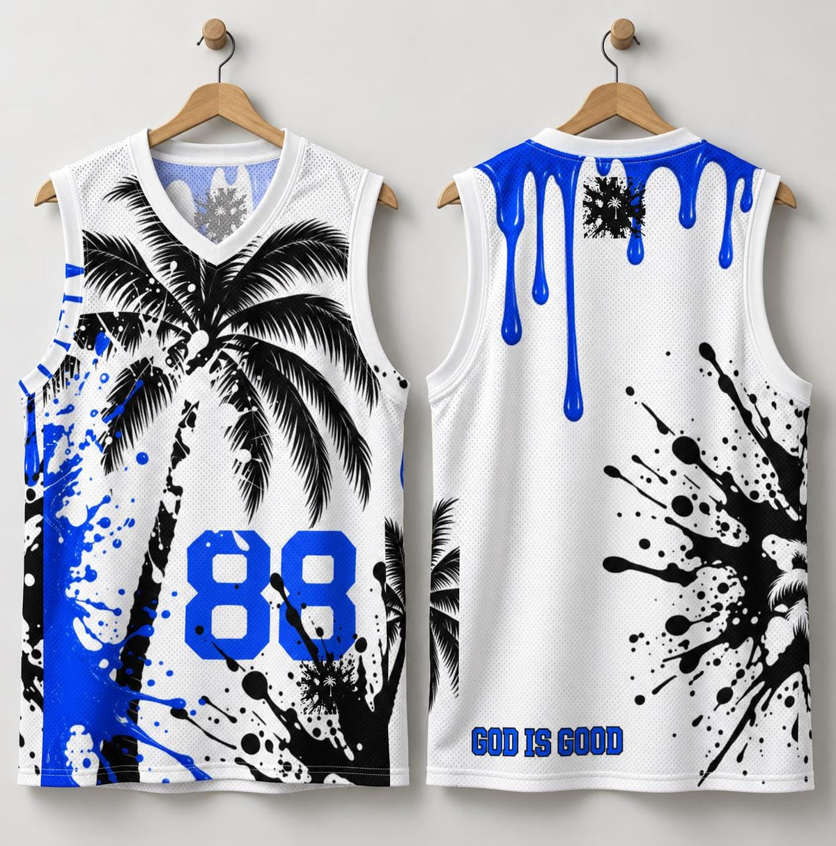 Limited Edition Basketball Jersey, Royal Blue Palm Tree Print, God Is Good (88)