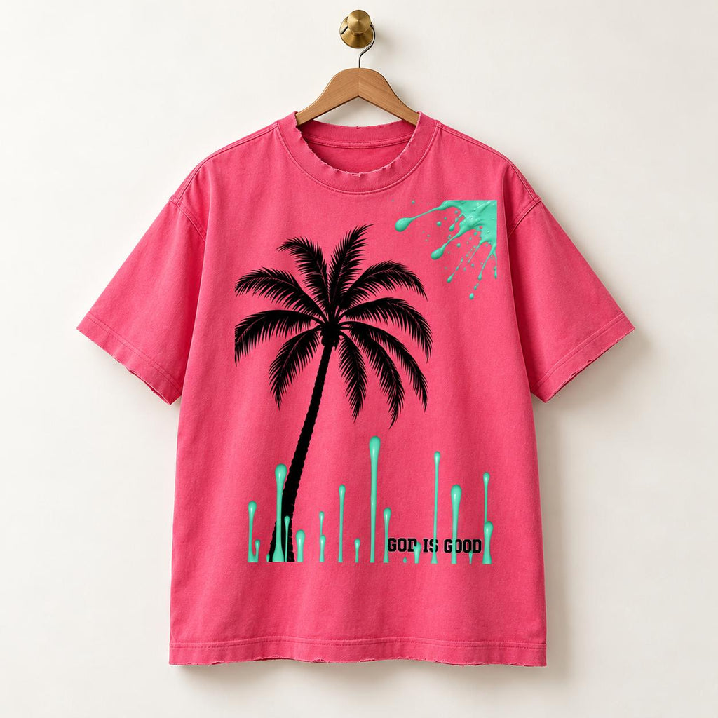 Pink Oversized Palm Tree Tee, Mint Green Drip Graphics, Limited Edition