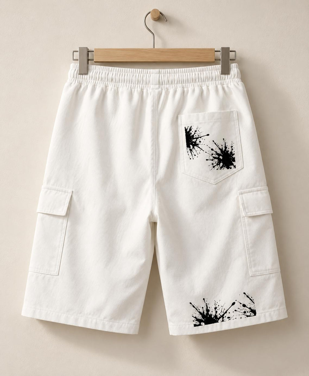 Men's White Cargo Shorts, Palm Tree & Paint Splatter Print, Relaxed Fit (Limited Edition)