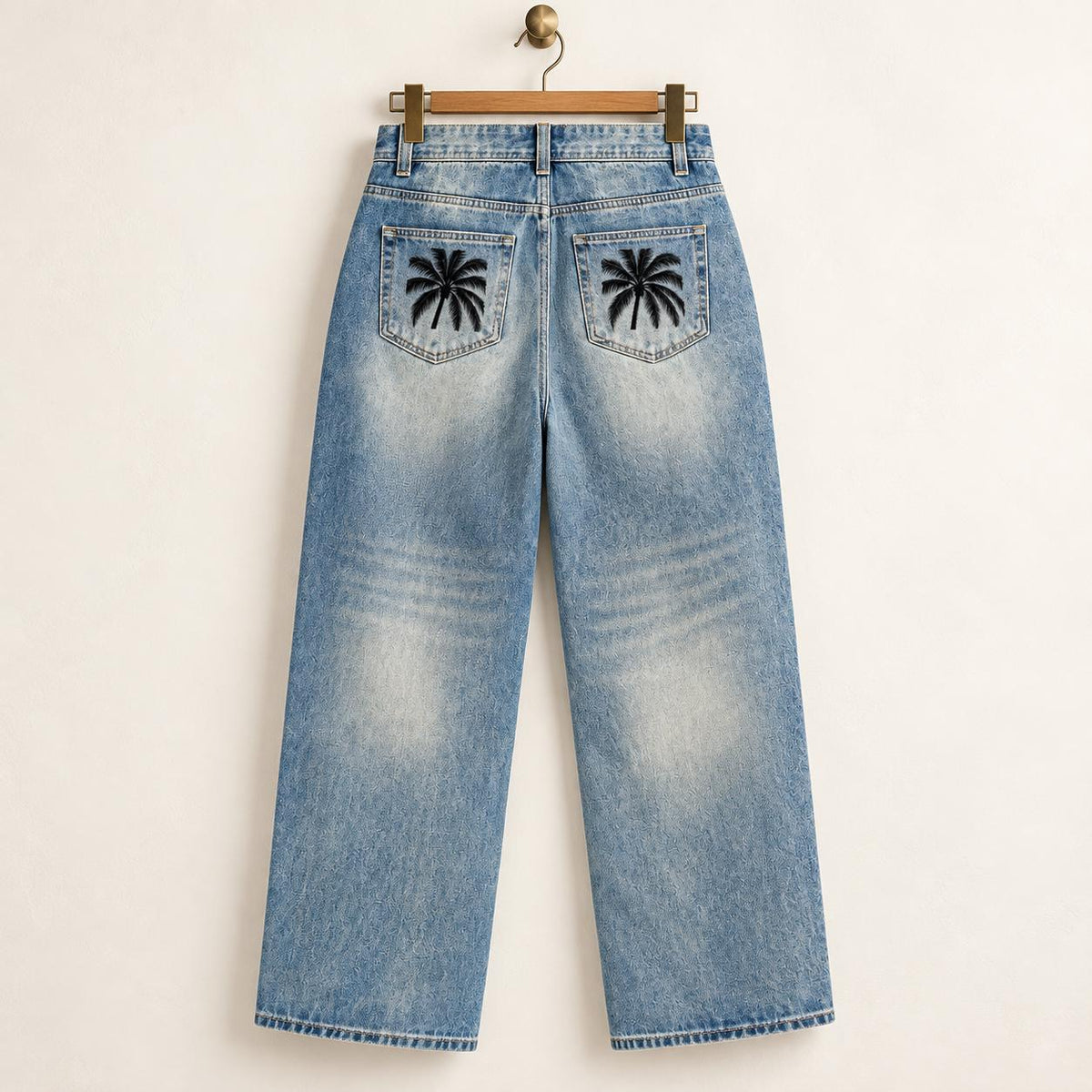Men's Light Wash Palm Tree Jeans, Relaxed Wide Leg Denim Pants
