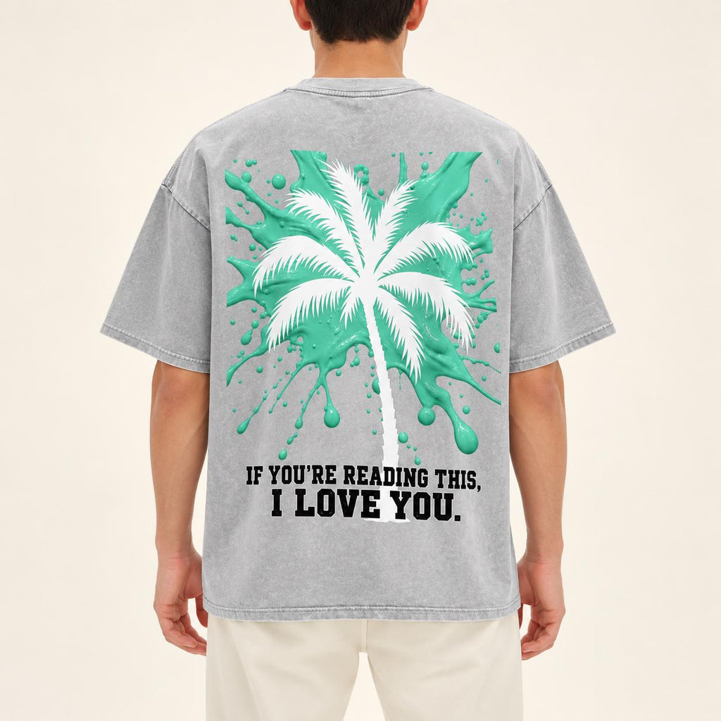 Oversized Palm Tree T-Shirt, Snow Washed Cotton, Mint Paint Drip Design (Unisex)