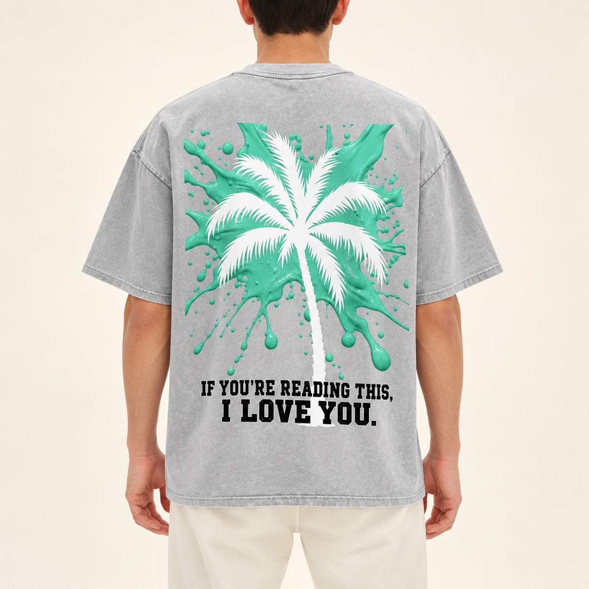 Oversized Palm Tree T-Shirt, Snow Washed Cotton, Mint Paint Drip Design (Unisex)