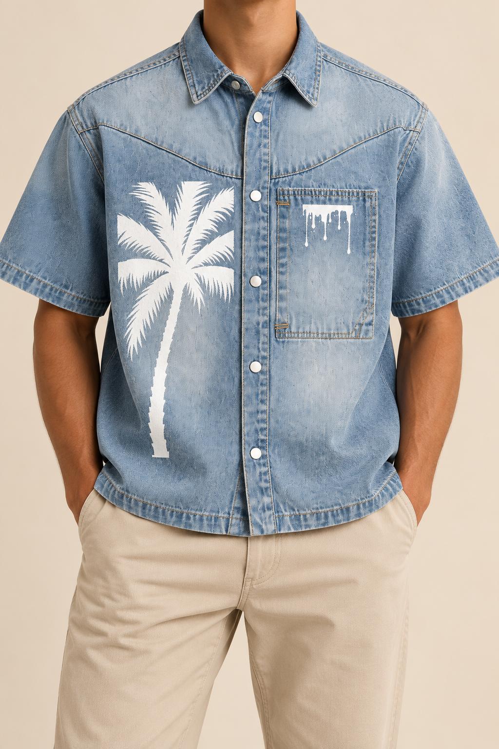 Washed Blue Denim Shirt, Palm Tree Paint Splatter Graphics, Snap Front