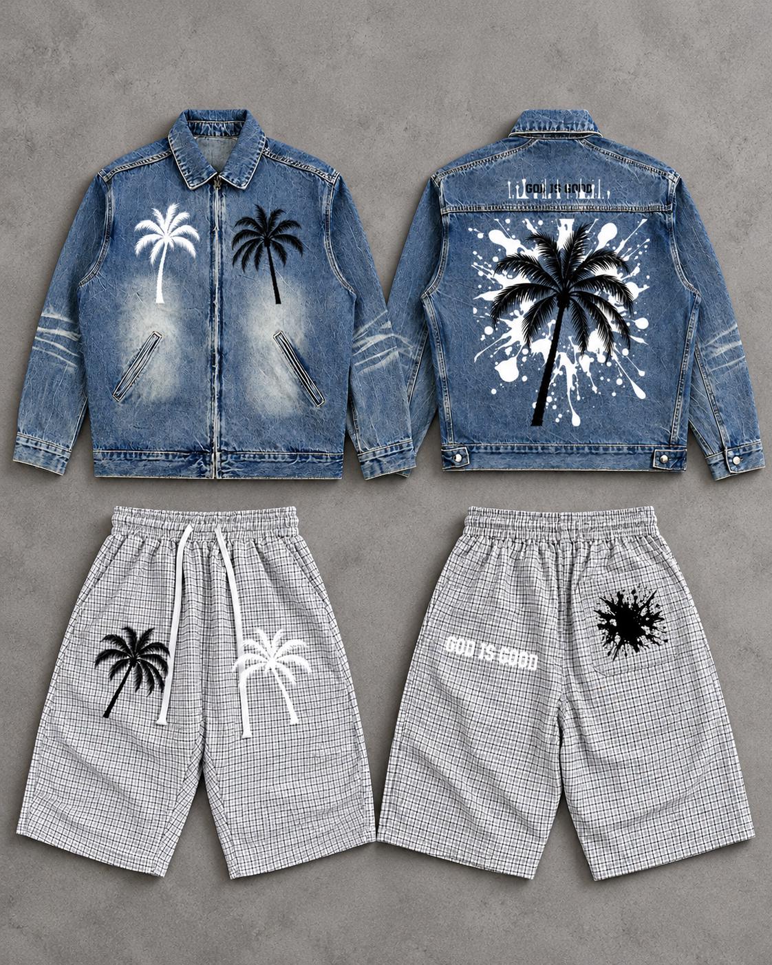 Washed Blue Zip-Up with Palm Tree and Paint Splatter Graphics