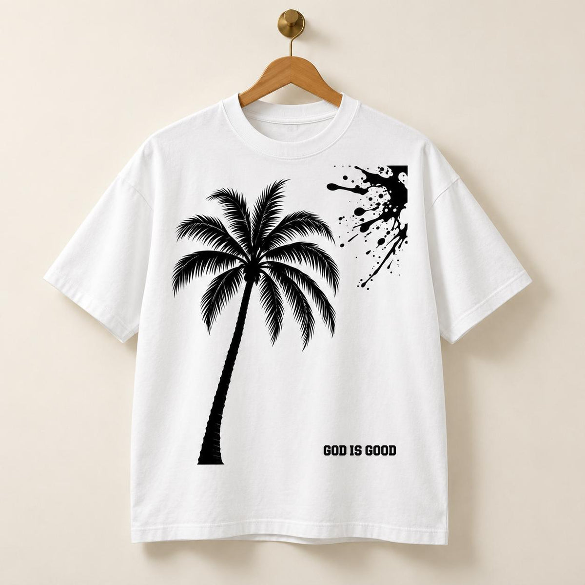 Oversized White Palm Tree T-Shirt, Black Splatter Drip Back, Limited Edition