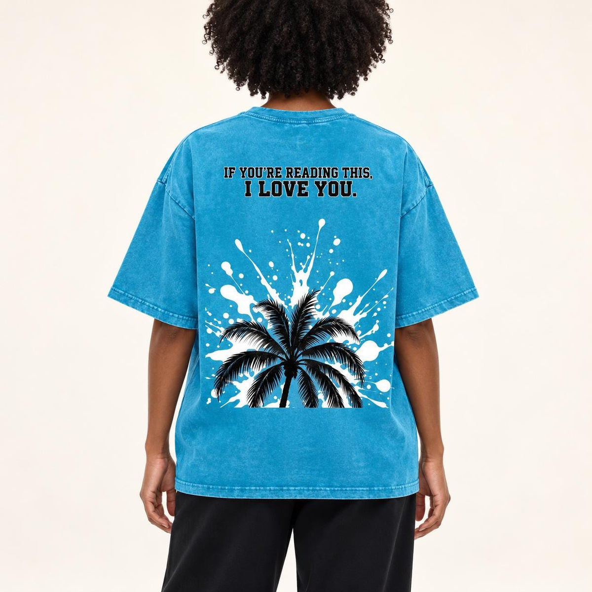 Turquoise Oversized Palm Tree T-Shirt, Snow Washed Cotton, Black White Splatter Print (Unisex)
