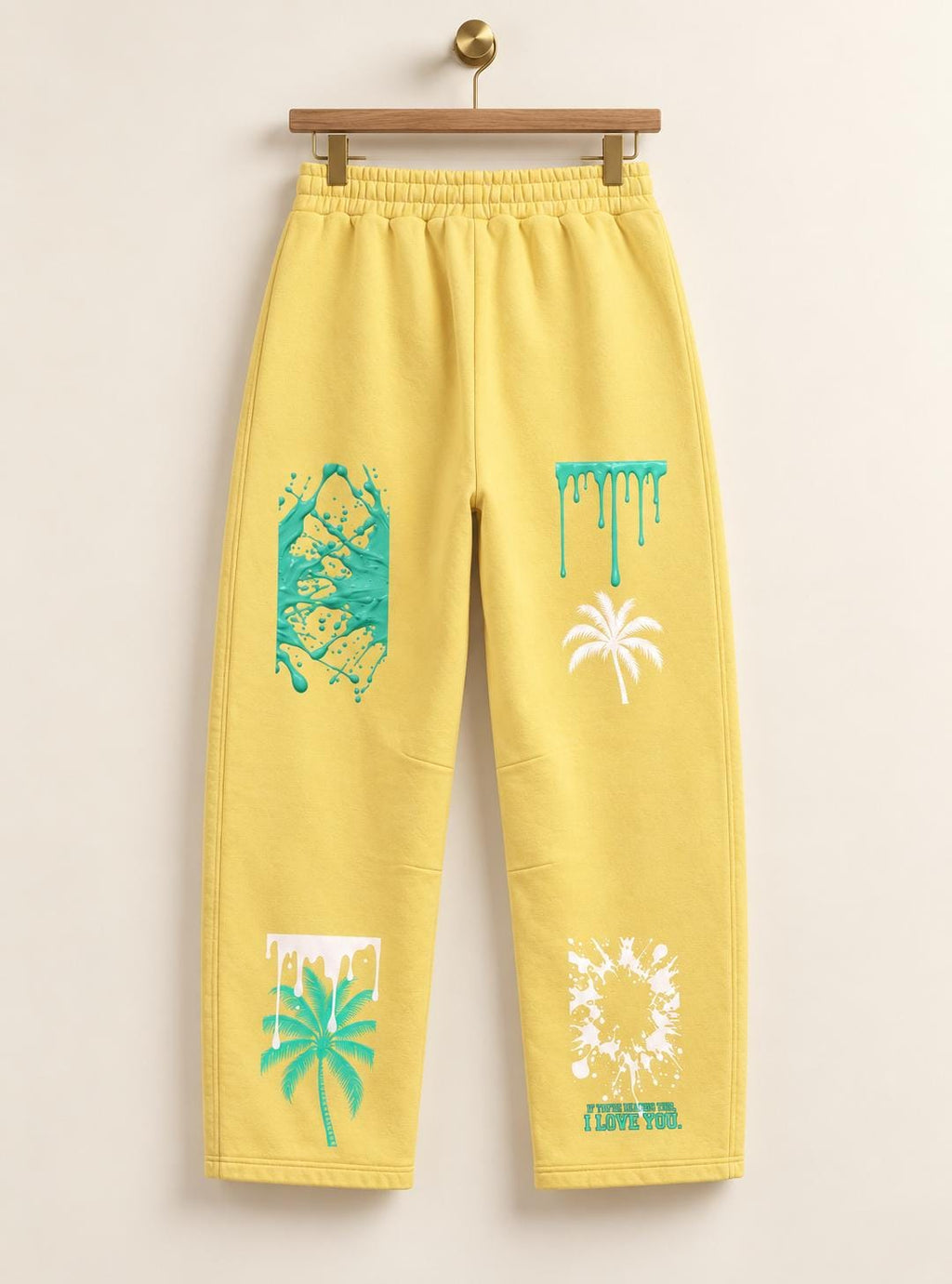 Limited Edition Butter Yellow Palm Tree Sweatpants, Mint Paint Splatter Graphic Pants