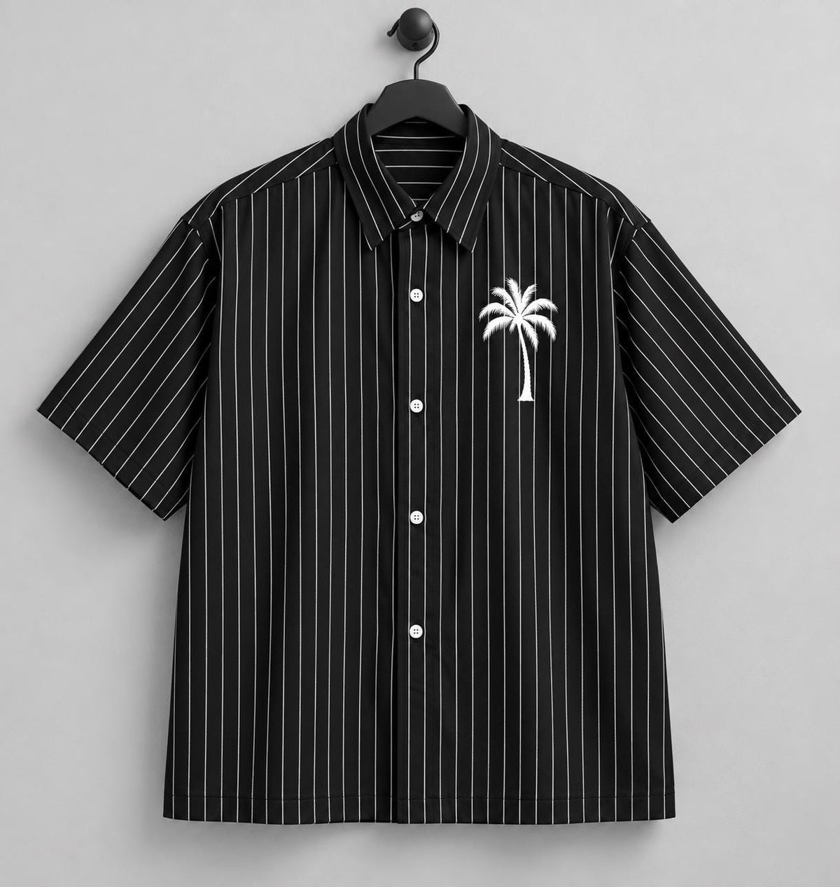 Oversized Pinstripe Button-Up Shirt, Palm Tree Graphic, Teal Splash Back Art