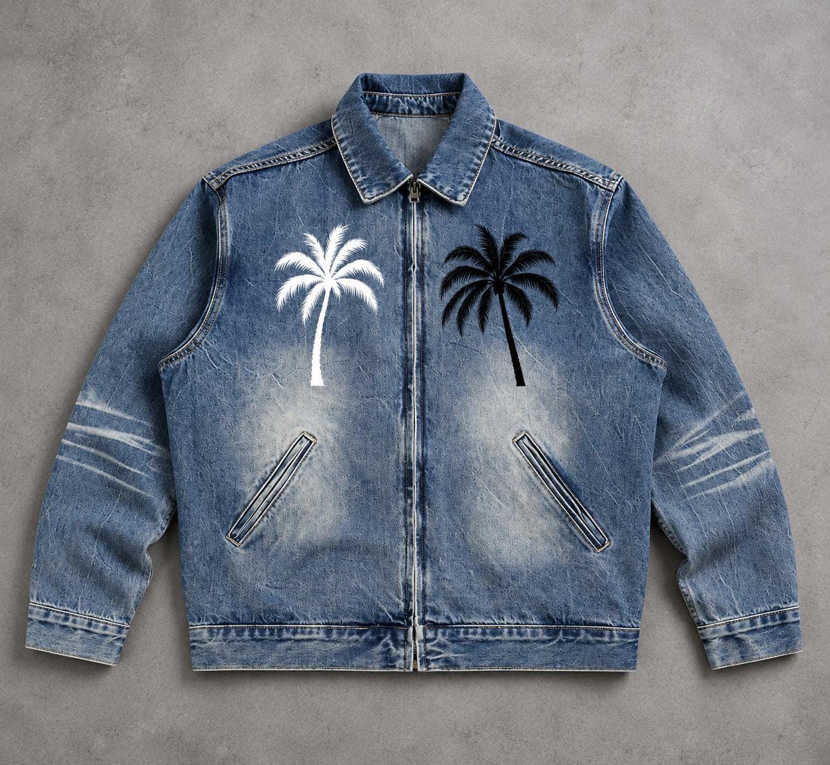 Washed Blue Zip-Up with Palm Tree and Paint Splatter Graphics
