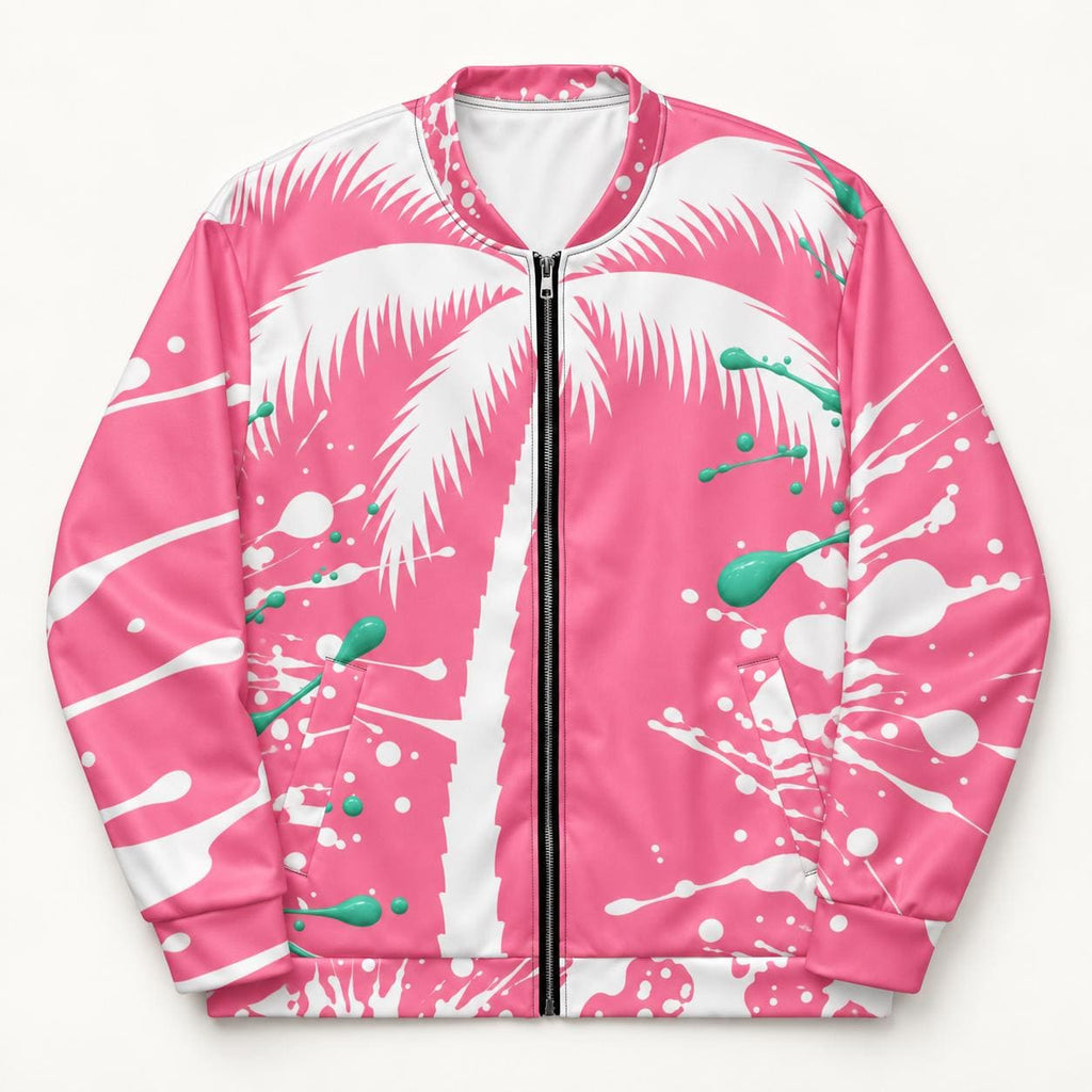 Pink Palm Tree Bomber Jacket, Mint Green Paint Splatter Print, Zip Up Streetwear