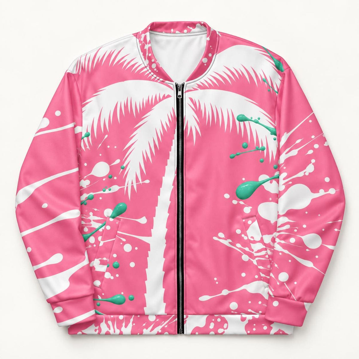 Pink Palm Tree Bomber Jacket, Mint Green Paint Splatter Print, Zip Up Streetwear