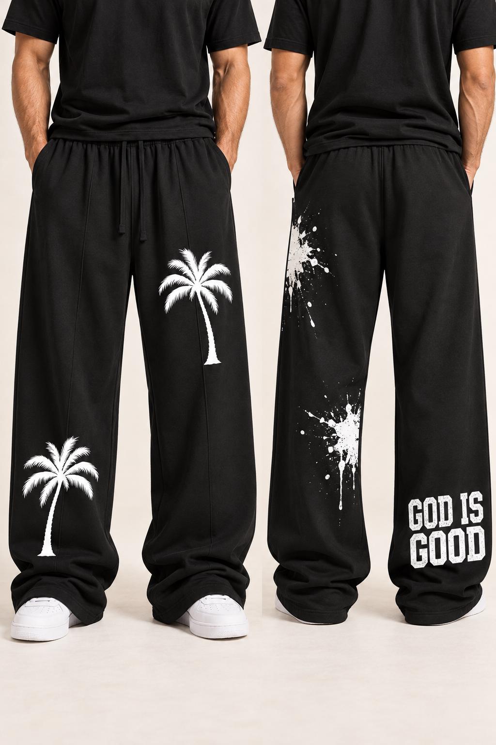 Black Palm Tree Sweatpants, White Splatter Wide Leg Pants, God Is Good Graphic Streetwear