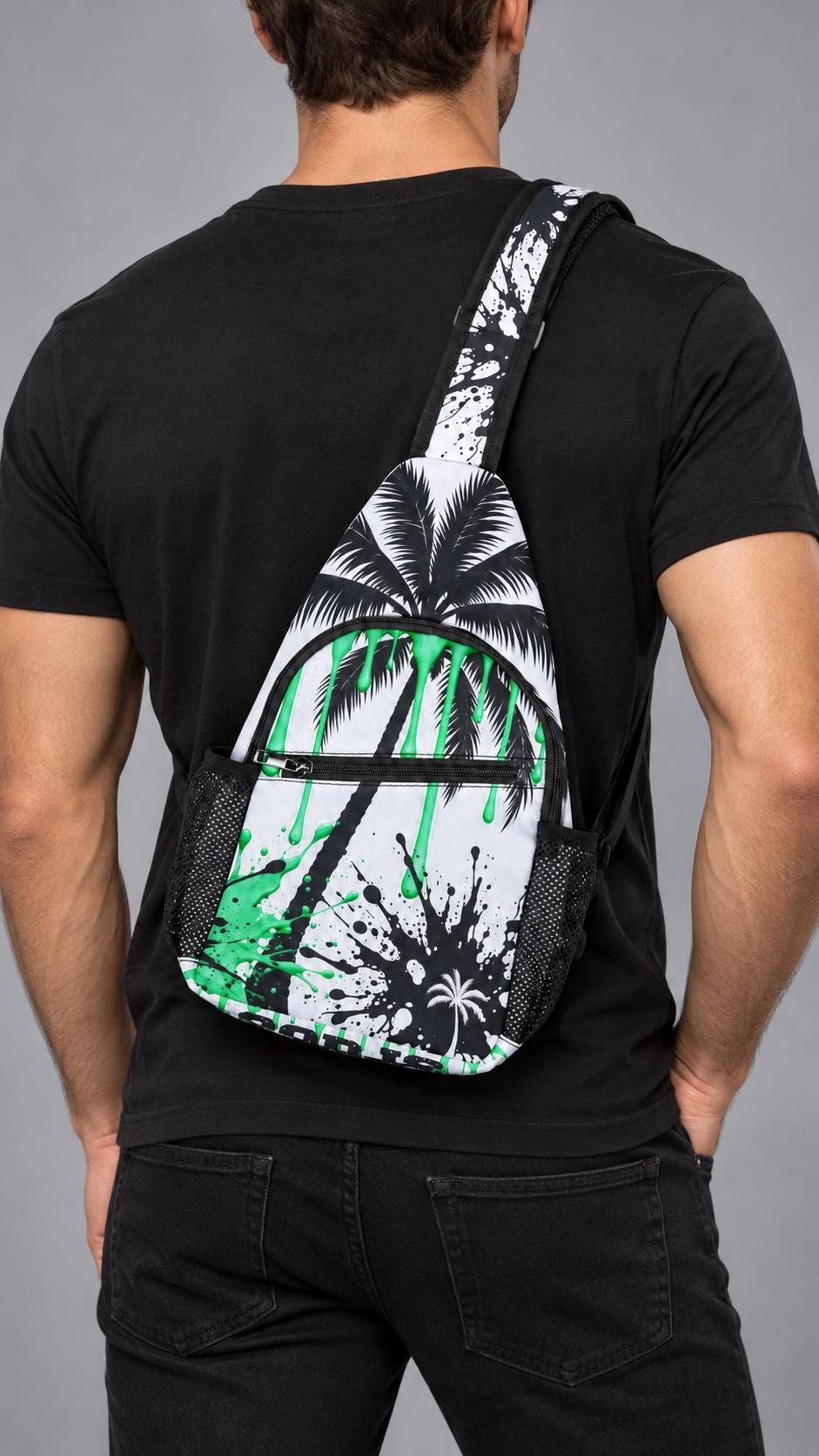 Mint Green Chest Bag | Tropical Palm Print Sling Pack