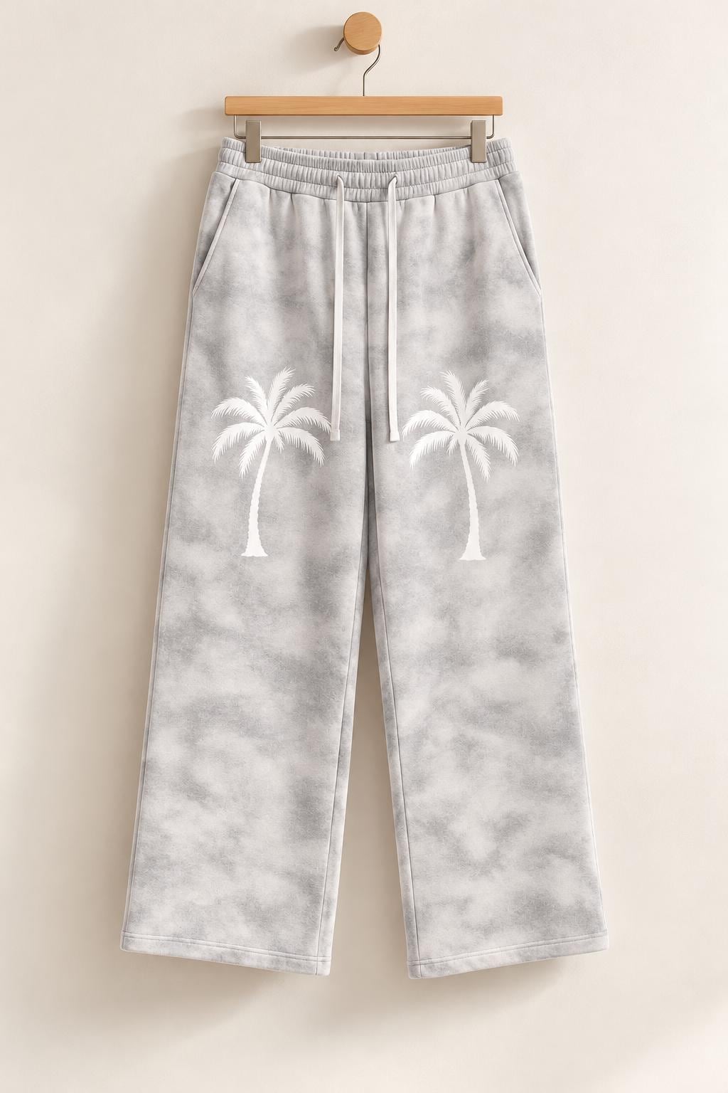 Dirty Washed Fleece Sweatpants: Palm Tree Print, Unisex Streetwear (410gsm)