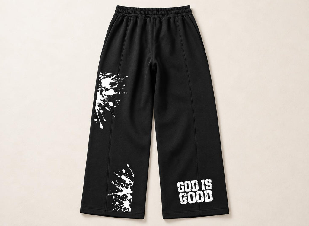 Black Palm Tree Sweatpants, White Splatter Wide Leg Pants, God Is Good Graphic Streetwear