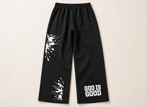 Black Palm Tree Sweatpants, White Splatter Wide Leg Pants, God Is Good Graphic Streetwear