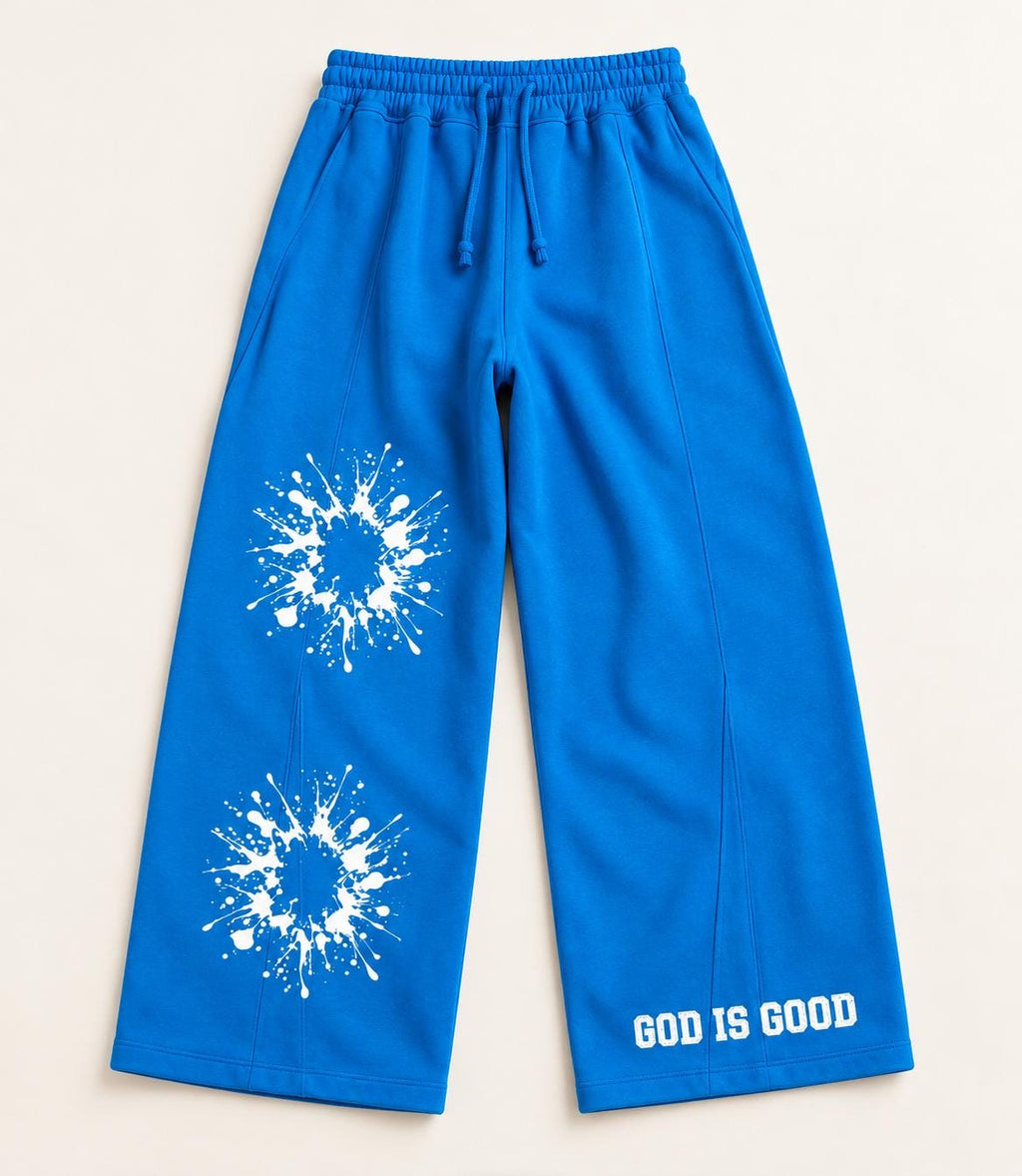 Blue Palm Tree Sweatpants, White Splatter Wide Leg Pants, God Is Good Graphic Streetwear