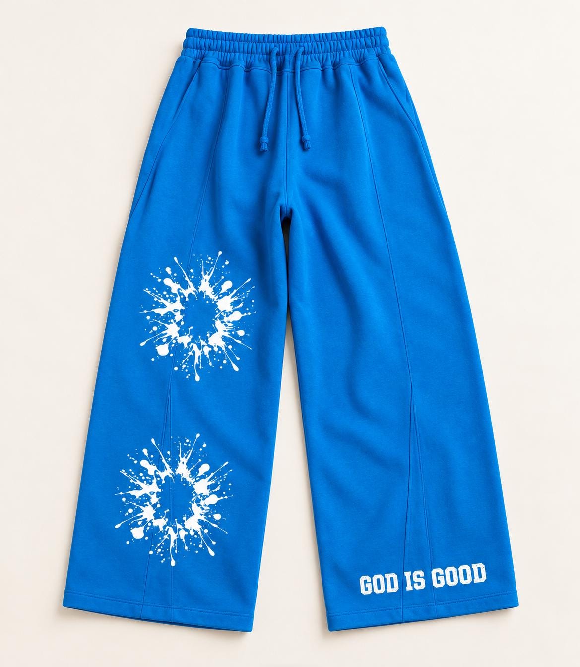 Blue Palm Tree Sweatpants, White Splatter Wide Leg Pants, God Is Good Graphic Streetwear