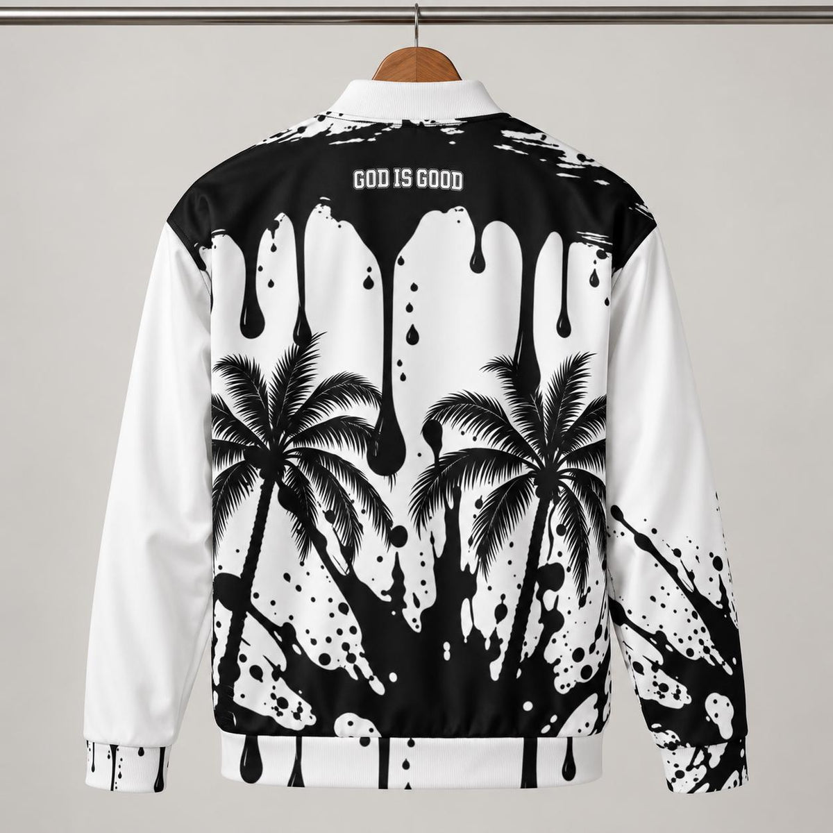 Black-White Paint Drip Bomber Jacket – Palm Tree, Faith Print (Limited Edition)