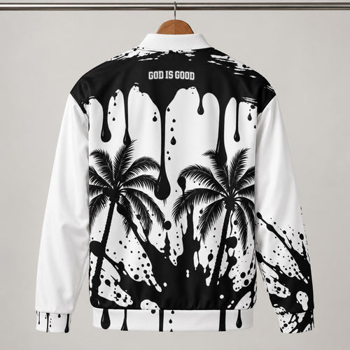 Black-White Paint Drip Bomber Jacket – Palm Tree, Faith Print (Limited Edition)