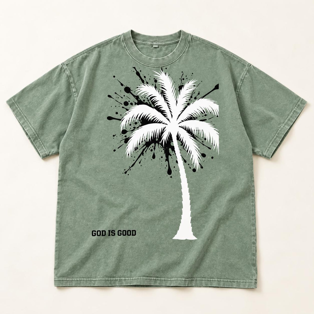 Sage Green Oversized Palm Tree Tee, Black Splatter Graphics, "God Is Good" Statement