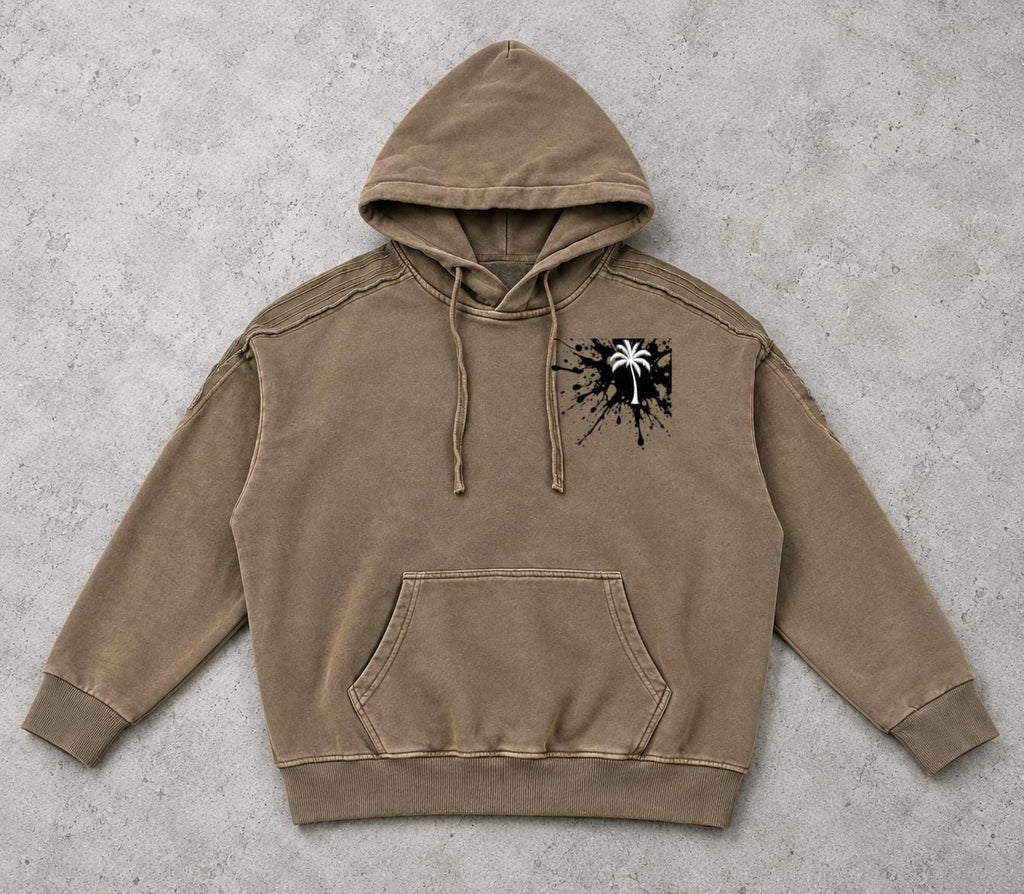 Washed Taupe Oversized Hoodie, Palm Tree Graphic, Exposed Seam Streetwear