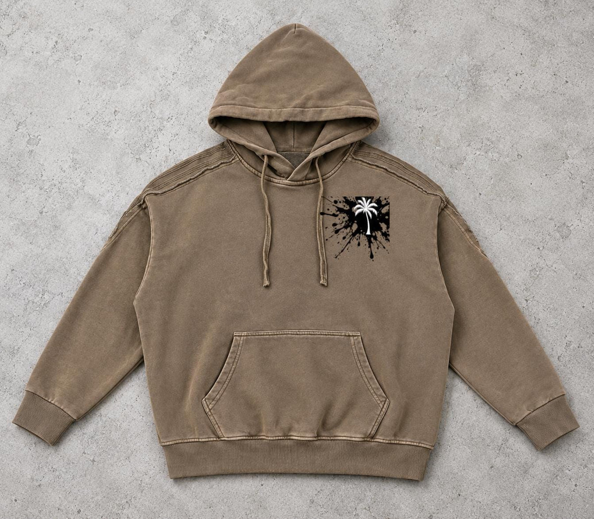 Washed Taupe Oversized Hoodie, Palm Tree Graphic, Exposed Seam Streetwear