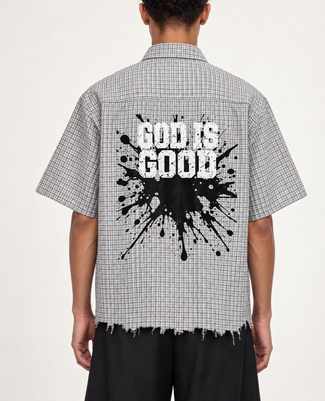 God Is Good Checkered Button-Up Shirt, Palm Tree Graphic, Frayed Hem (Limited Edition)