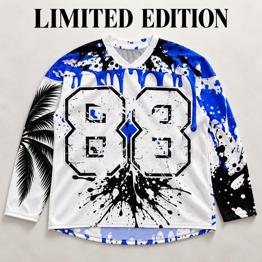 Limited Edition 88 Hockey Jersey, Royal Blue Paint Splatter, Palm Tree Graphic, God Is Good Shears