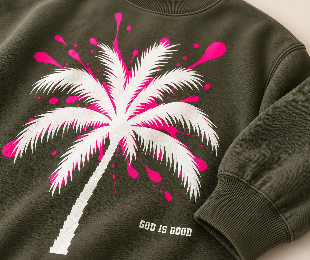 Olive Green Oversized Sweatshirt Dress, Pink Palm Tree Graphic, God Is Good Crewneck, I Love You Back Print, Limited Edition