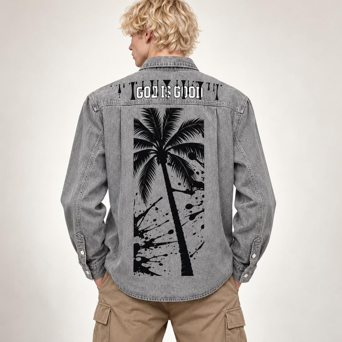 Washed Gray Denim Shirt, Palm Tree Graphics, "God Is Good" Back Design