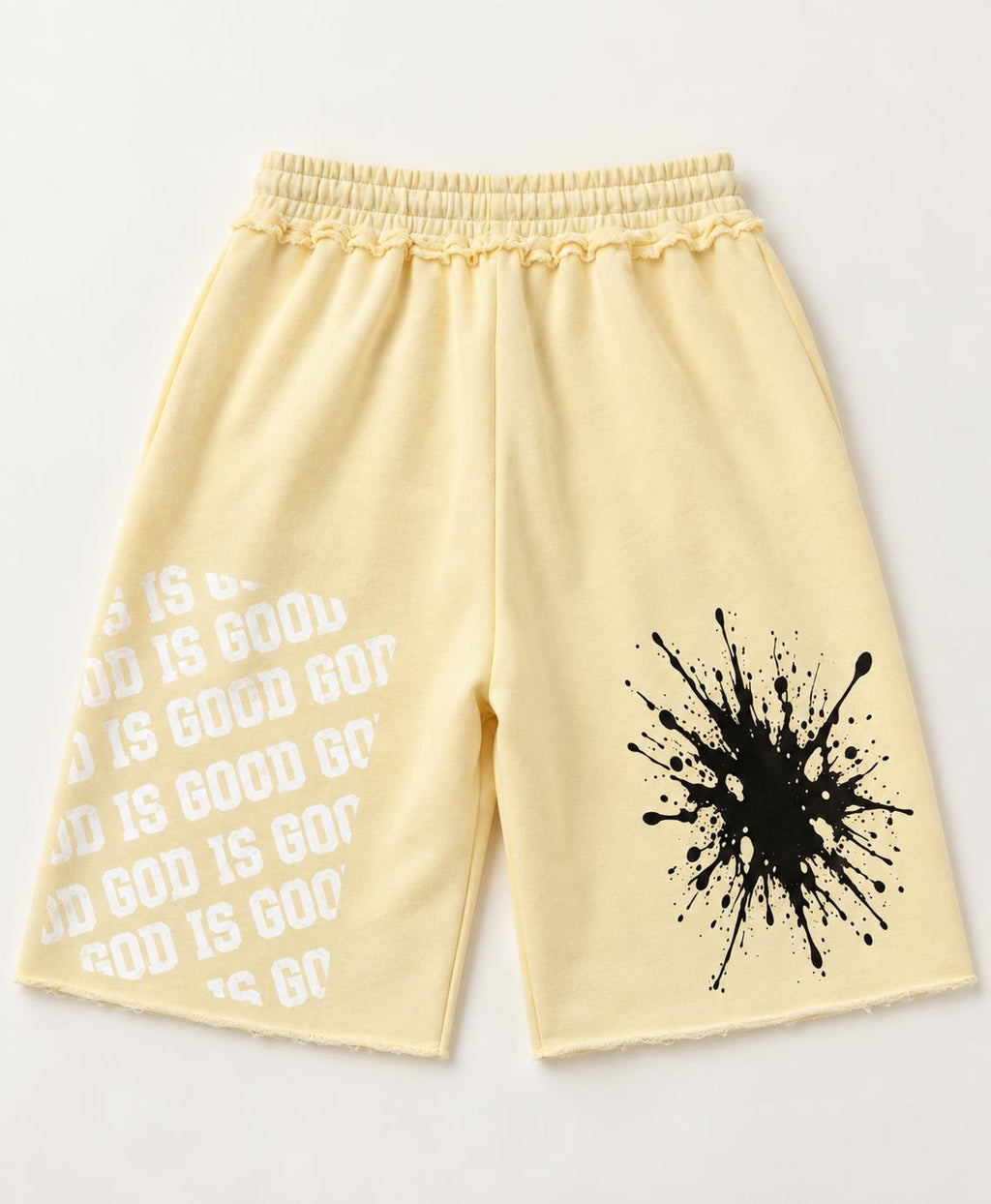 Butter Yellow Palm Tree Sweat Shorts, God Is Good Graphic, Relaxed Fit (Limited Edition)