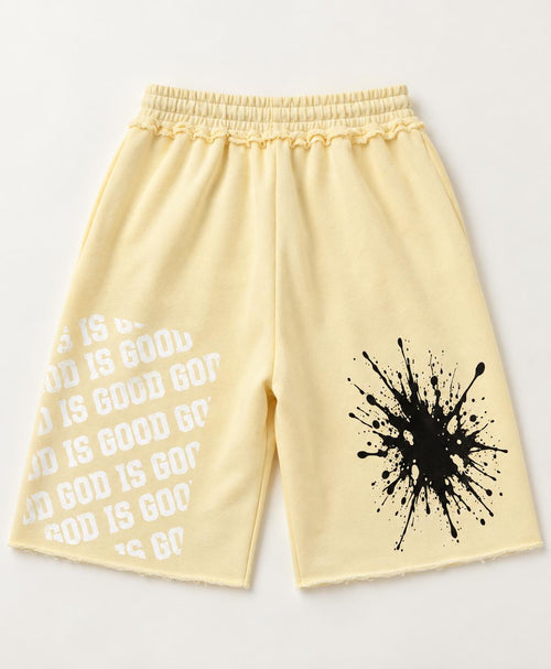 Butter Yellow Palm Tree Sweat Shorts, God Is Good Graphic, Relaxed Fit (Limited Edition)