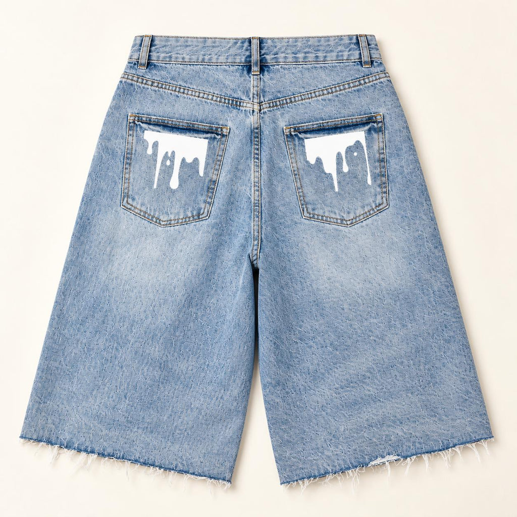 Men's Light Wash Denim Bermuda Shorts, Paint Splatter Palm Tree Graphics, Raw Hem Jorts
