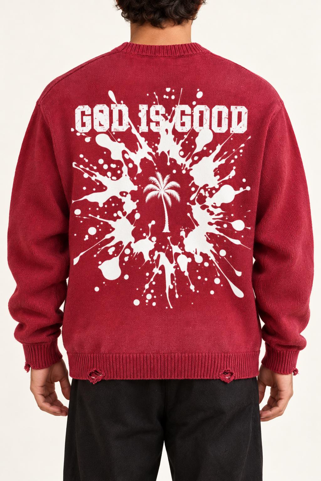 Red Distressed Knit Sweater, Palm Tree, Paint Splatter, Streetwear
